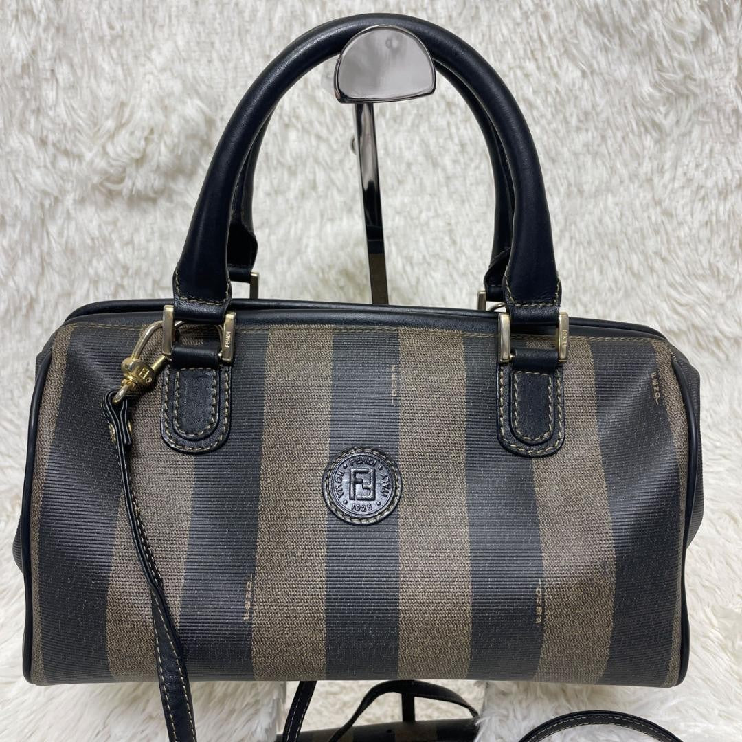 FENDI Shoulder Bag Purse 2way Pecan Leather PVC Black Khaki Authentic