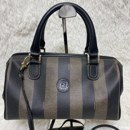 FENDI Shoulder Bag Purse 2way Pecan Leather PVC Black Khaki Authentic