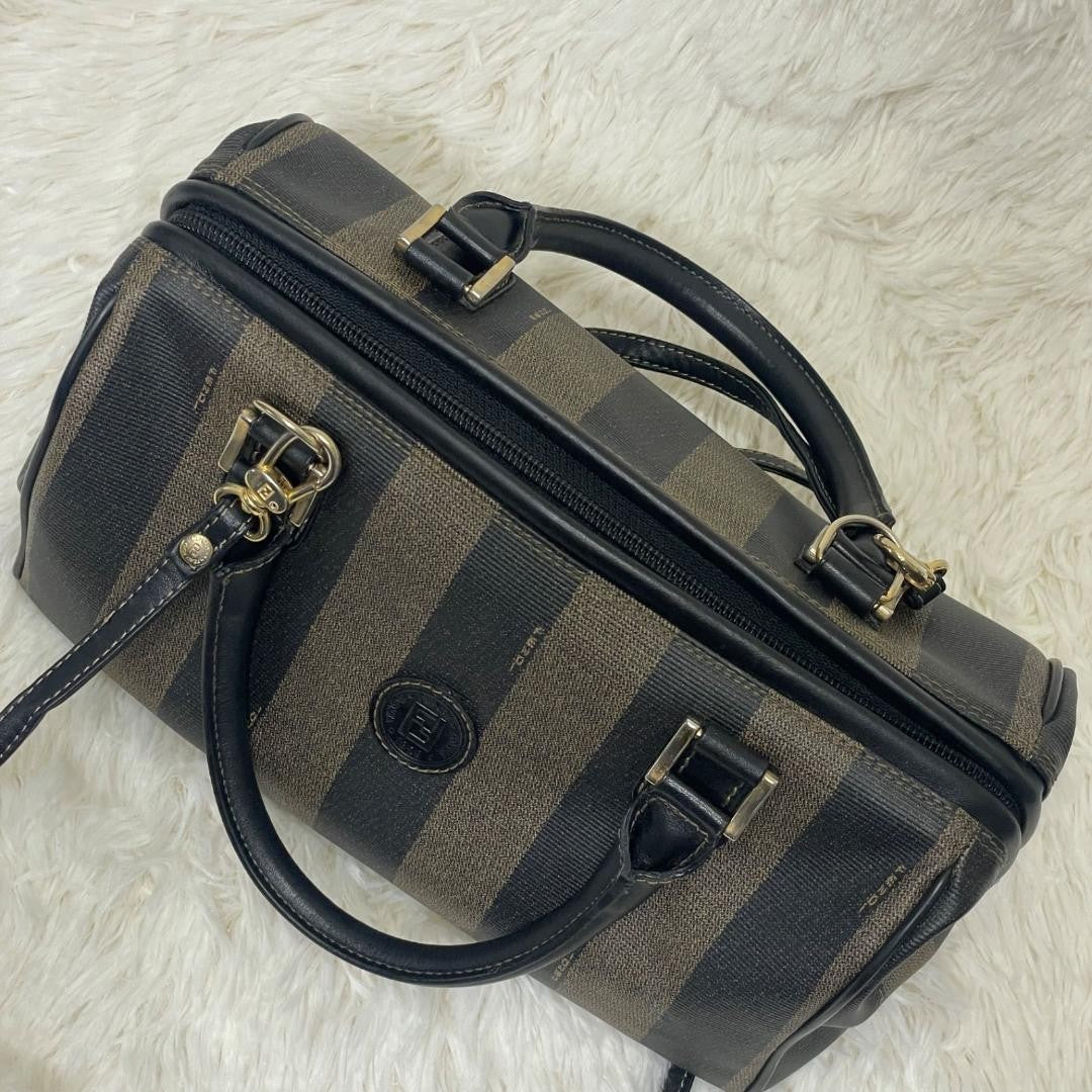 FENDI Shoulder Bag Purse 2way Pecan Leather PVC Black Khaki Authentic