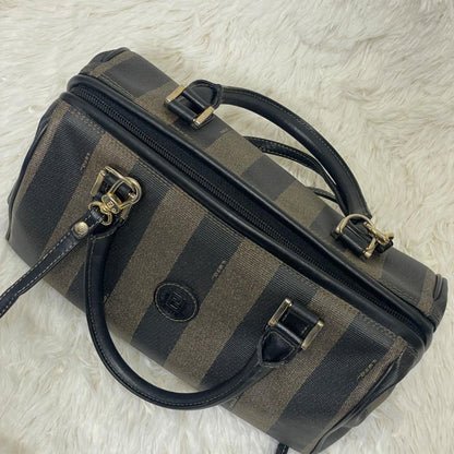 FENDI Shoulder Bag Purse 2way Pecan Leather PVC Black Khaki Authentic