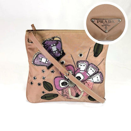 PRADA Shoulder Bag Purse Logo Nylon Leather Beige Pink Authentic