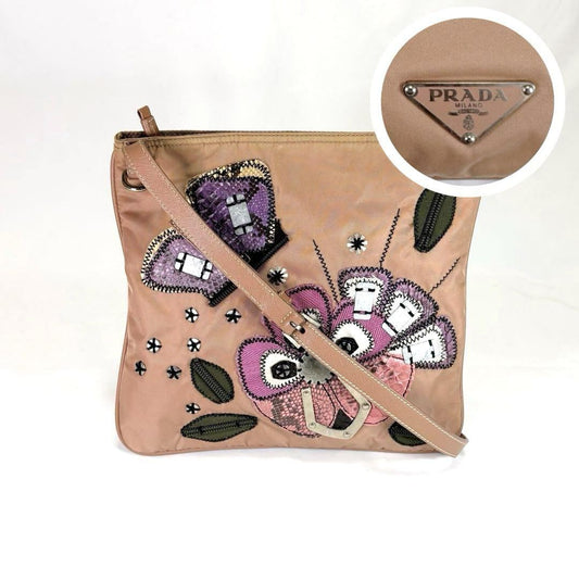 PRADA Shoulder Bag Purse Logo Nylon Leather Beige Pink Authentic