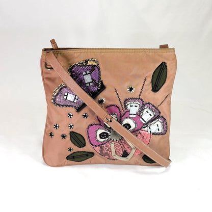 PRADA Shoulder Bag Purse Logo Nylon Leather Beige Pink Authentic