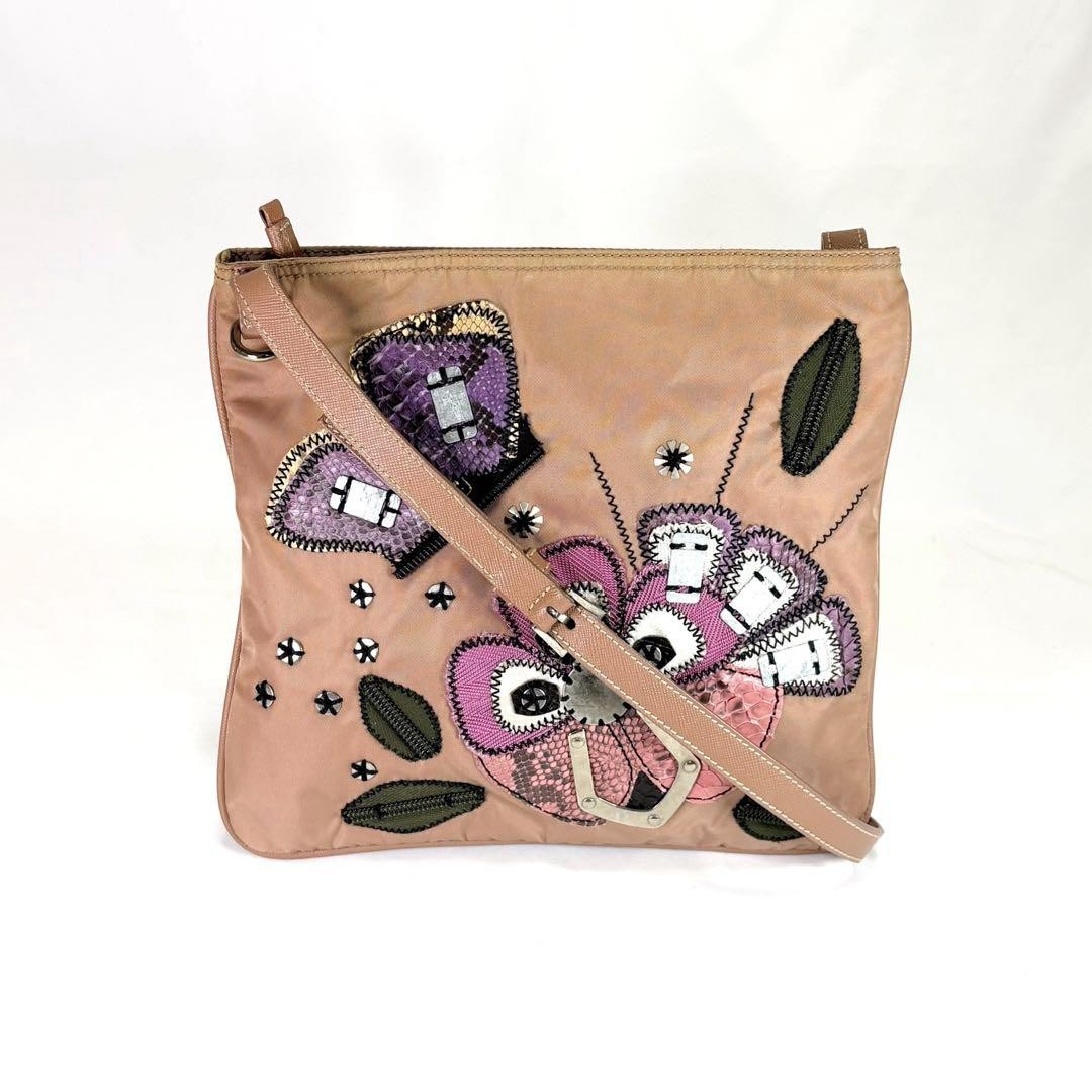 PRADA Shoulder Bag Purse Logo Nylon Leather Beige Pink Authentic