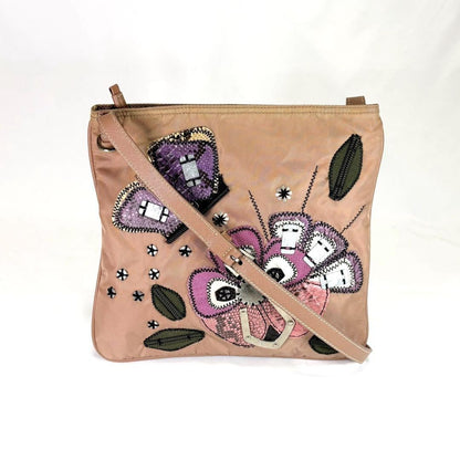 PRADA Shoulder Bag Purse Logo Nylon Leather Beige Pink Authentic