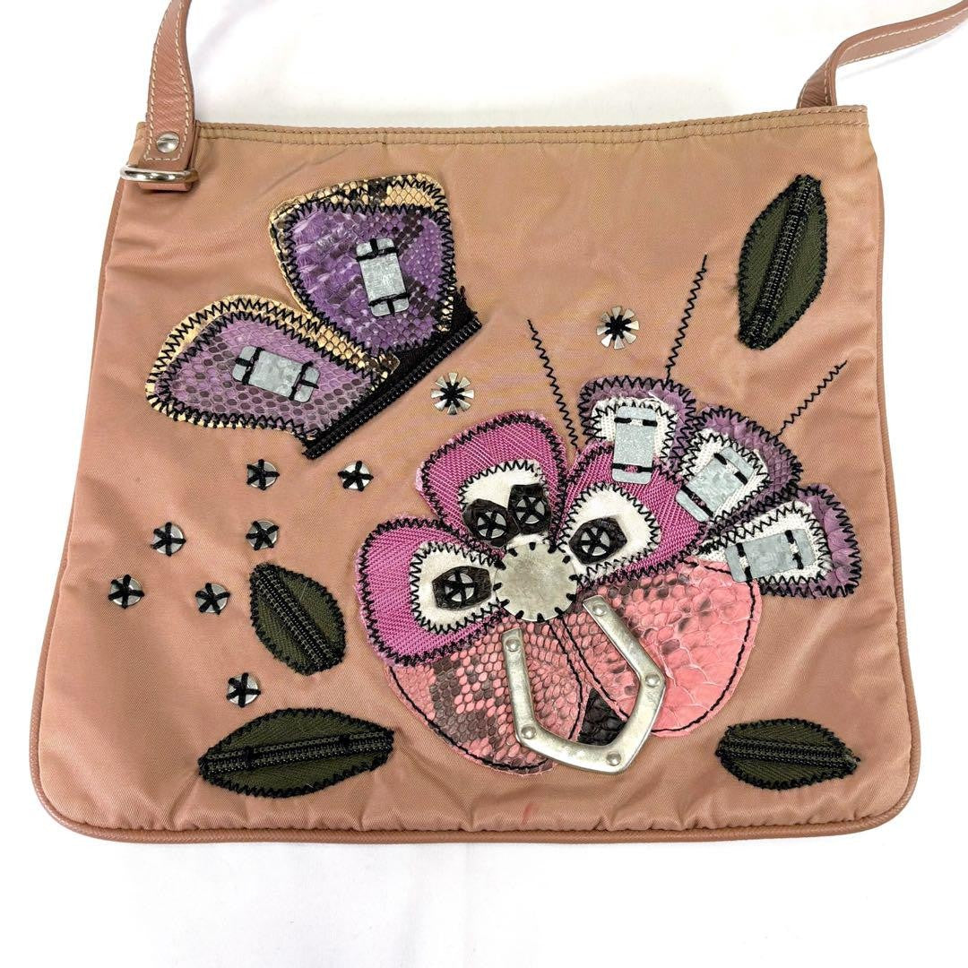 PRADA Shoulder Bag Purse Logo Nylon Leather Beige Pink Authentic