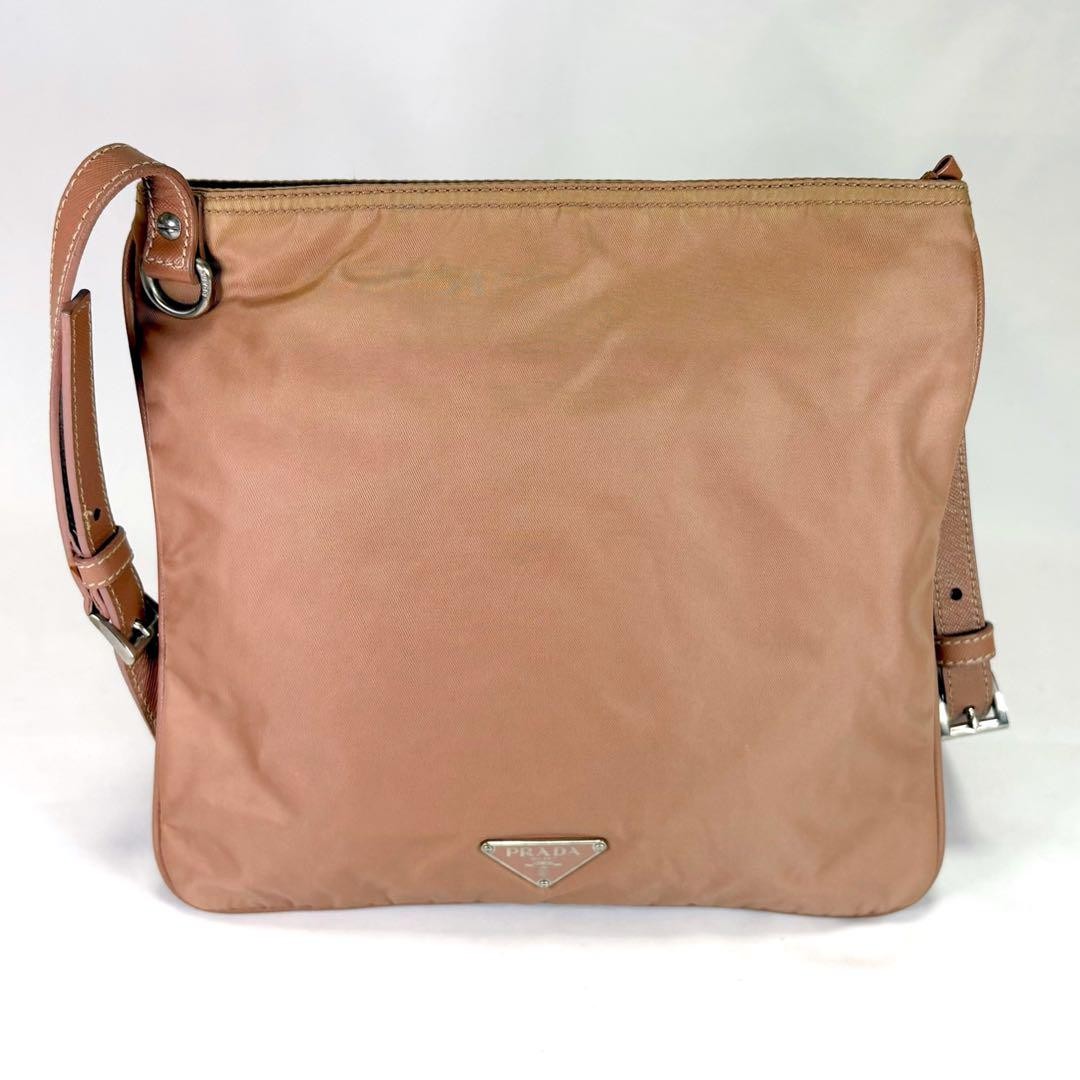 PRADA Shoulder Bag Purse Logo Nylon Leather Beige Pink Authentic