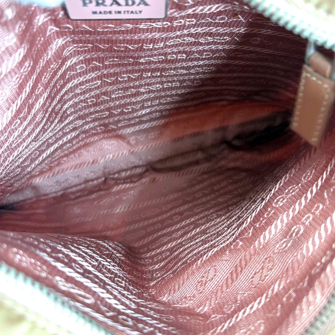 PRADA Shoulder Bag Purse Logo Nylon Leather Beige Pink Authentic