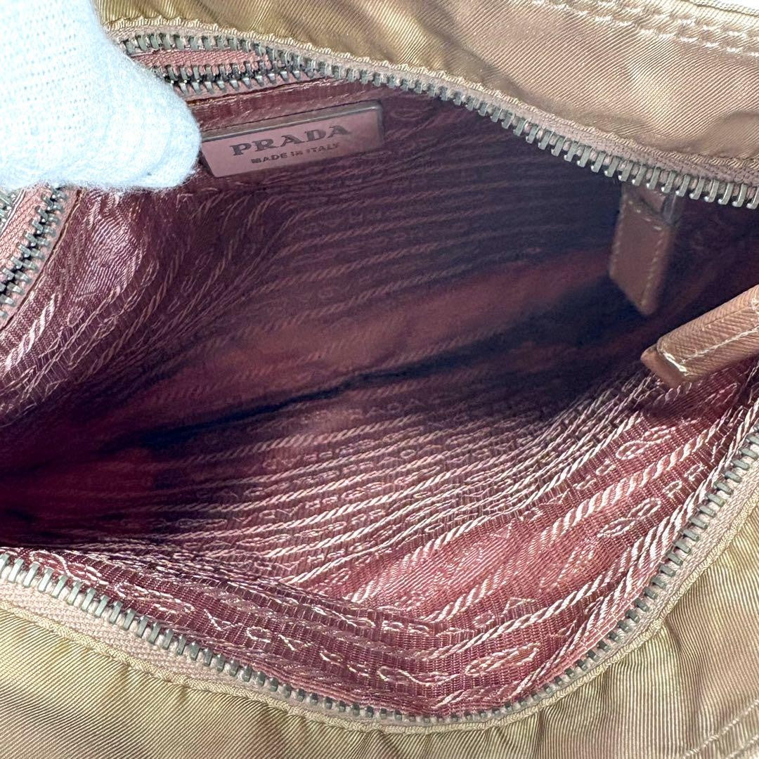 PRADA Shoulder Bag Purse Logo Nylon Leather Beige Pink Authentic