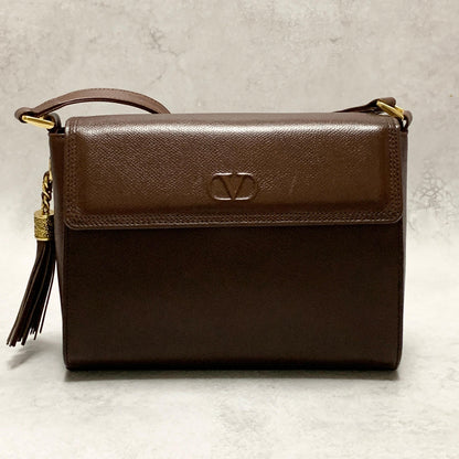 Valentino Garavani Bag Tassel Logo Shoulder Purse Leather Brown Gold Authentic