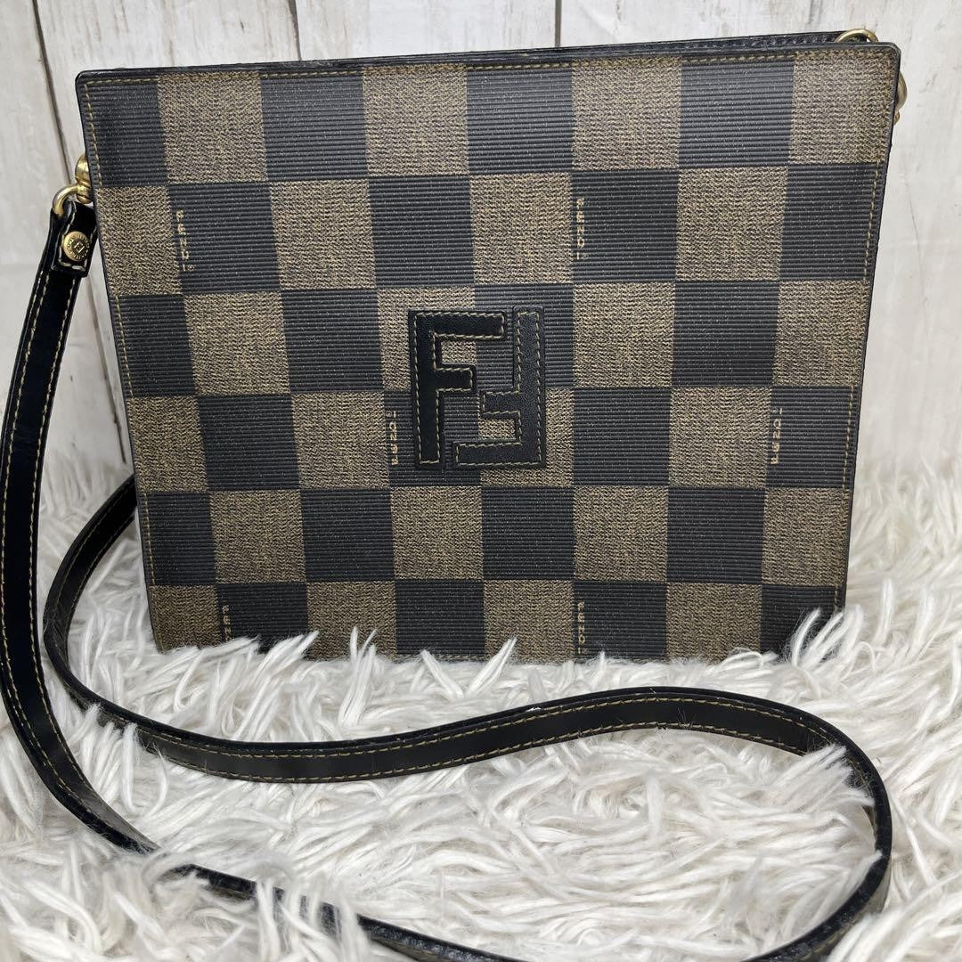 FENDI Shoulder Bag Purse FF PVC Leather Brown Black Authentic