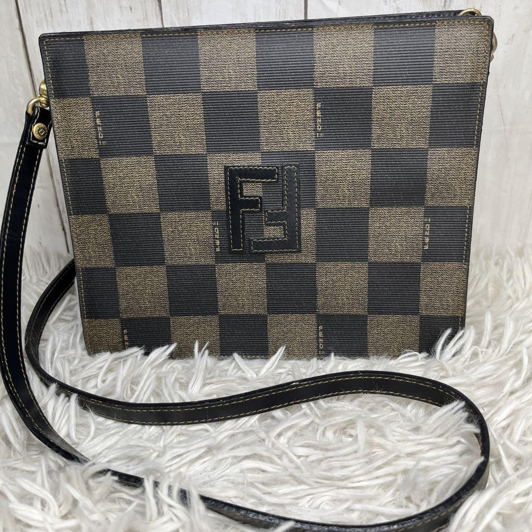 FENDI Shoulder Bag Purse FF PVC Leather Brown Black Authentic