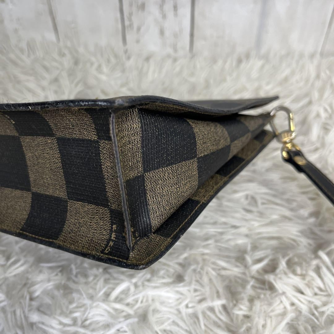 FENDI Shoulder Bag Purse FF PVC Leather Brown Black Authentic