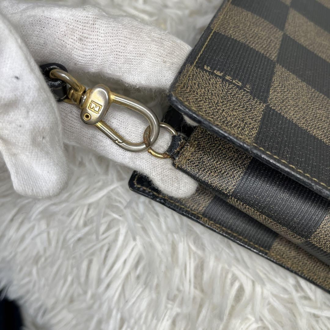 FENDI Shoulder Bag Purse FF PVC Leather Brown Black Authentic