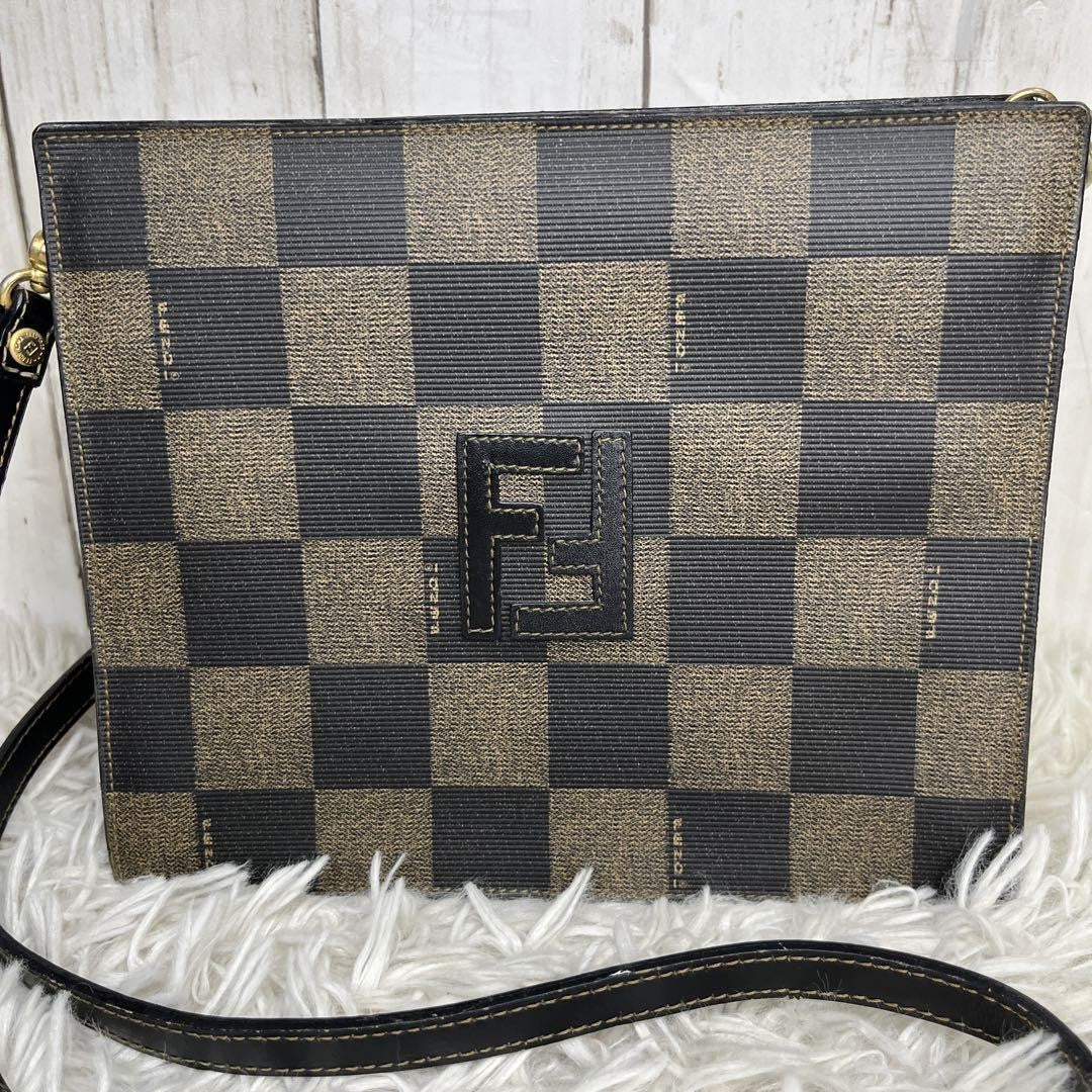 FENDI Shoulder Bag Purse FF PVC Leather Brown Black Authentic