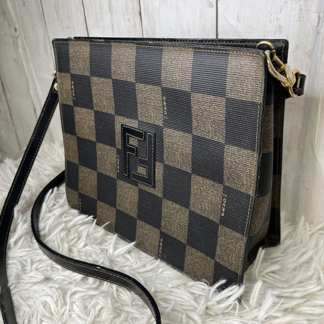 FENDI Shoulder Bag Purse FF PVC Leather Brown Black Authentic