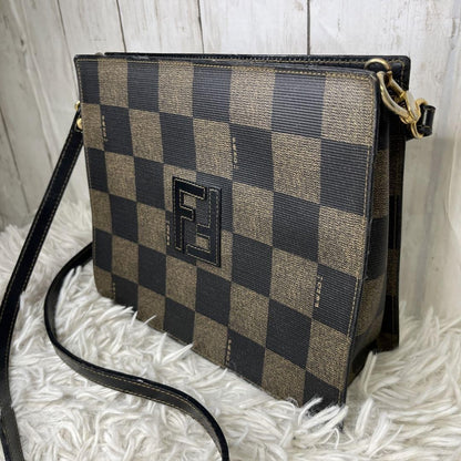 FENDI Shoulder Bag Purse FF PVC Leather Brown Black Authentic