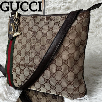 GUCCI GG Canvas Purse Sherry Sakosh with Gold Charm shoulder bag Brown Beige