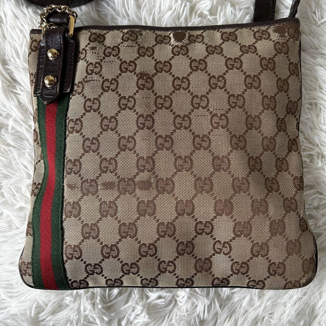 GUCCI GG Canvas Purse Sherry Sakosh with Gold Charm shoulder bag Brown Beige
