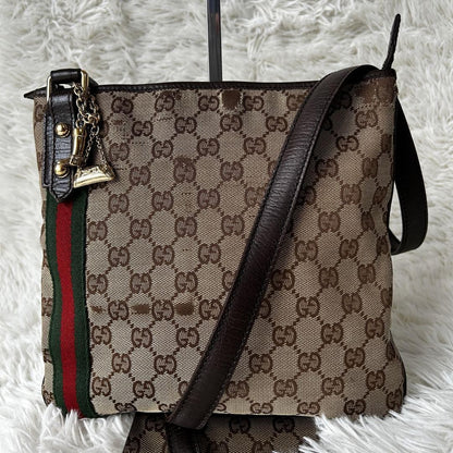 GUCCI GG Canvas Purse Sherry Sakosh with Gold Charm shoulder bag Brown Beige