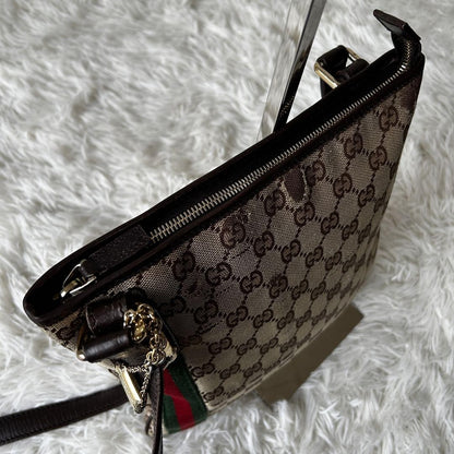GUCCI GG Canvas Purse Sherry Sakosh with Gold Charm shoulder bag Brown Beige
