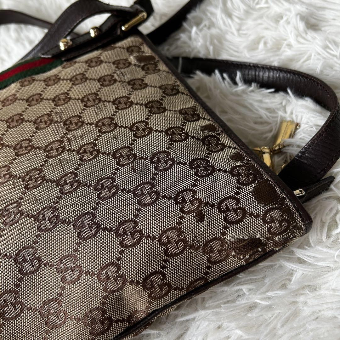 GUCCI GG Canvas Purse Sherry Sakosh with Gold Charm shoulder bag Brown Beige