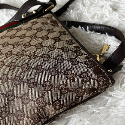 GUCCI GG Canvas Purse Sherry Sakosh with Gold Charm shoulder bag Brown Beige