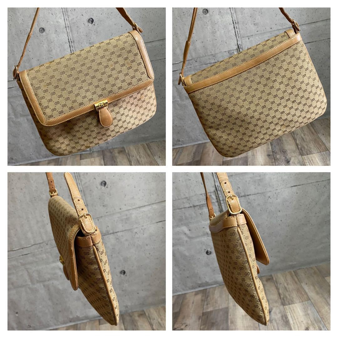 GUCCI Purse Micro GG Canvas Mini Shoulder Bag Beige Gold Used Unisex Authentic
