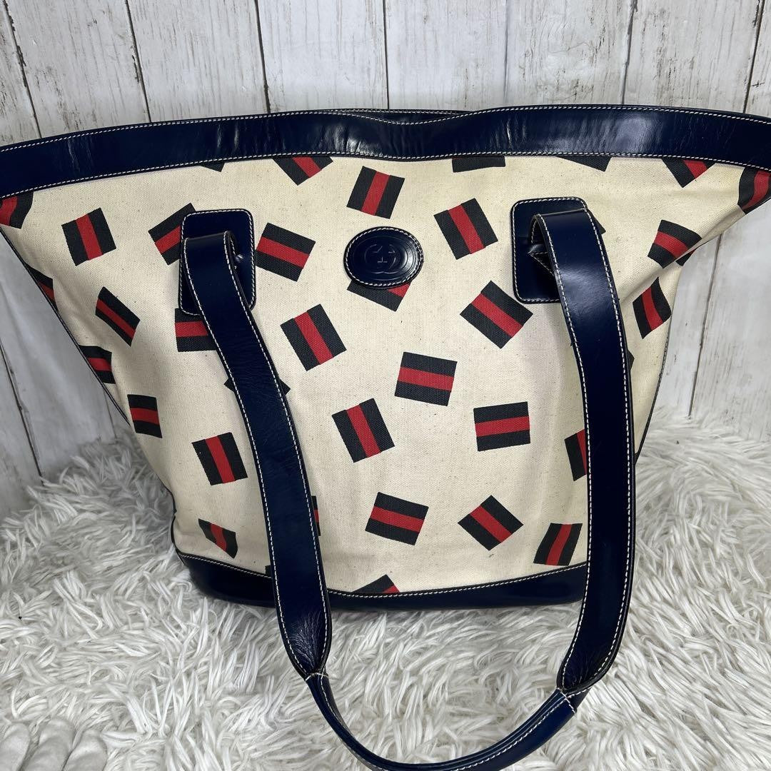 GUCCI Tote bag Purse handbag GG logo Sherry line Old Gucci Canvas Leather Auth