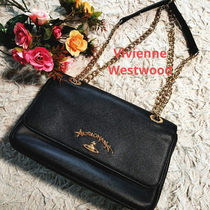 Vivienne Westwood Hand Bag Tote Purse Orb Leather Black Authentic