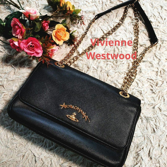 Vivienne Westwood Hand Bag Tote Purse Orb Leather Black Authentic