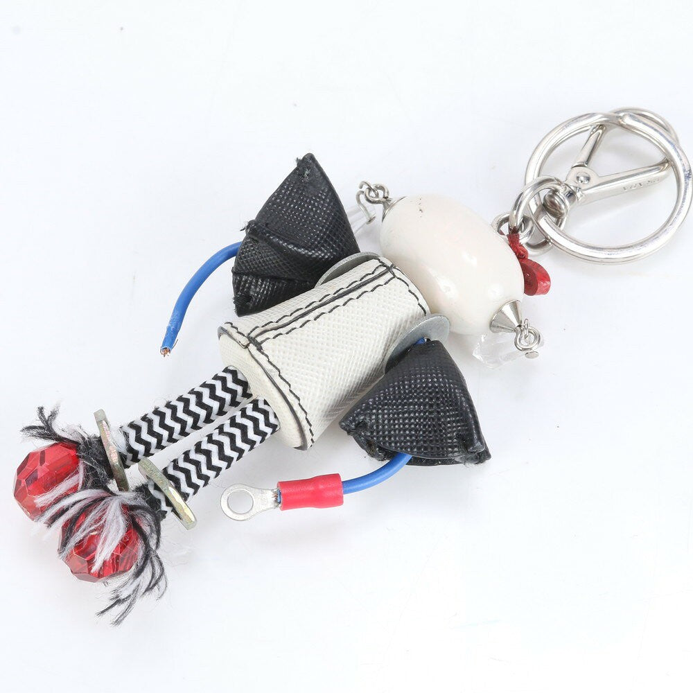 PRADA Key Ring Keychain Bag Charm Robot Leather White Black Authentic