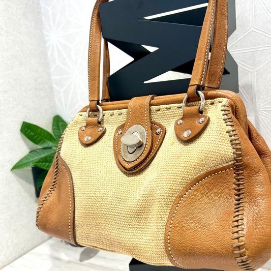 MIU MIU Hand Bag Tote Purse Logo Beige Brown Authentic