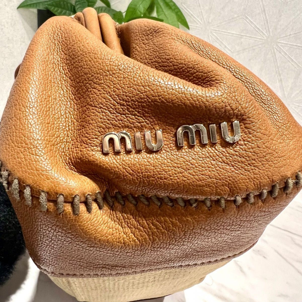 MIU MIU Hand Bag Tote Purse Logo Beige Brown Authentic
