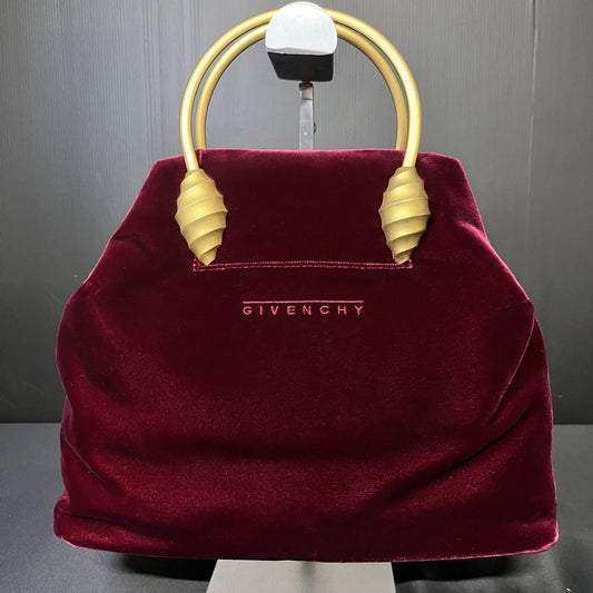 GIVENCHY Hand Bag Tote Purse Logo Velour Bordeaux Authentic