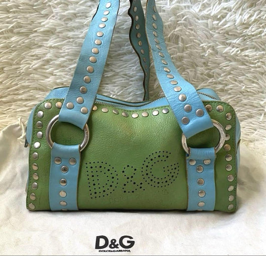 Dolce & Gabbana Hand Bag Tote Purse Mini Boston Leather Green Blue Authentic