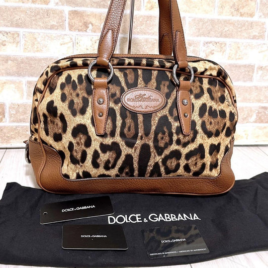Dolce & Gabbana Hand Bag Tote Purse Leopard Canvas Brown Authentic