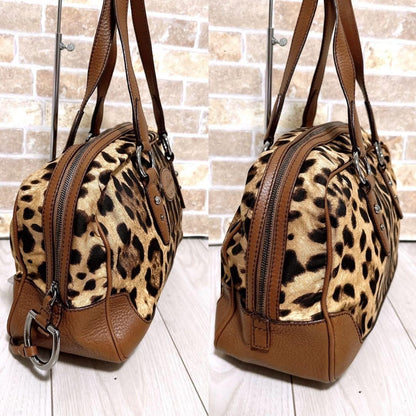 Dolce & Gabbana Hand Bag Tote Purse Leopard Canvas Brown Authentic