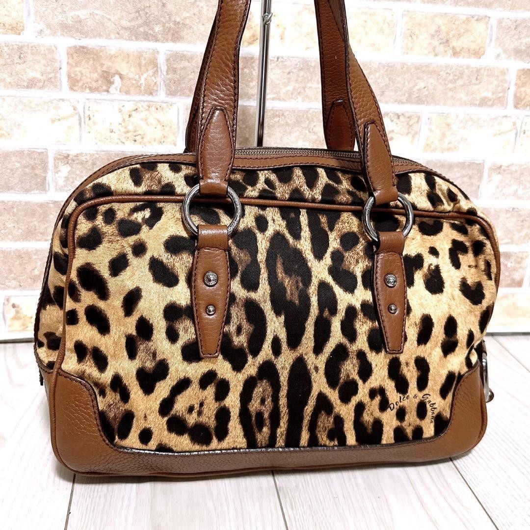 Dolce & Gabbana Hand Bag Tote Purse Leopard Canvas Brown Authentic
