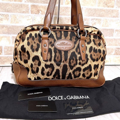 Dolce & Gabbana Hand Bag Tote Purse Leopard Canvas Brown Authentic