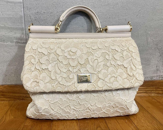 Dolce & Gabbana Hand Bag Tote Purse Leopard Leather Canvas Off White Authentic