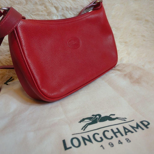 Longchamp Shoulder Bag Purse Leather Red Authentic