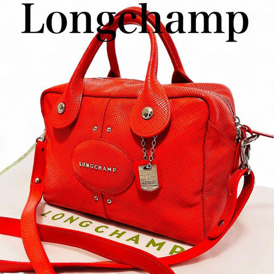 Longchamp Hand Shoulder Bag Tote Purse 2way Leather Orange Authentic