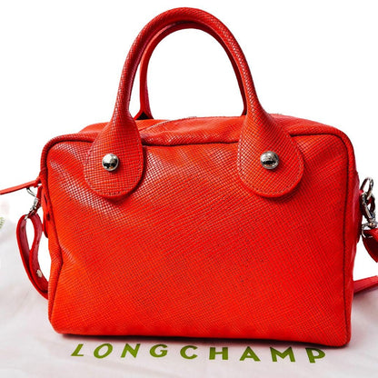 Longchamp Hand Shoulder Bag Tote Purse 2way Leather Orange Authentic