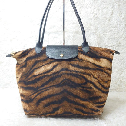 Longchamp Hand Bag Tote Purse Le Pliage Leather Leopard Authentic