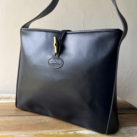 Longchamp Shoulder Bag Purse Leather Navy Authentic