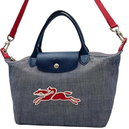 Longchamp Hand Shoulder Bag Purse 2way Le Pliage Leather Denim Navy Red Blue