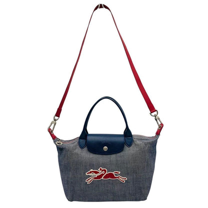 Longchamp Hand Shoulder Bag Purse 2way Le Pliage Leather Denim Navy Red Blue