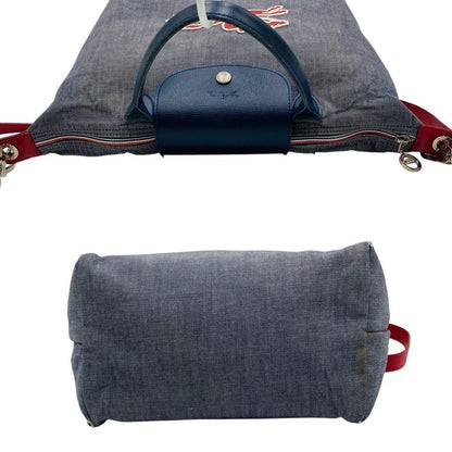 Longchamp Hand Shoulder Bag Purse 2way Le Pliage Leather Denim Navy Red Blue