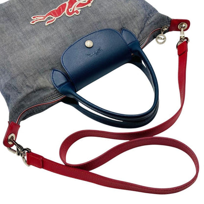 Longchamp Hand Shoulder Bag Purse 2way Le Pliage Leather Denim Navy Red Blue